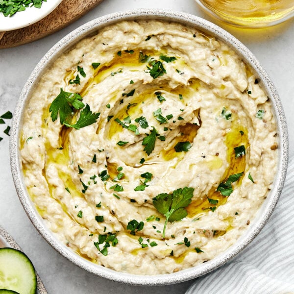 A bowl of baba ganoush with vegetables.