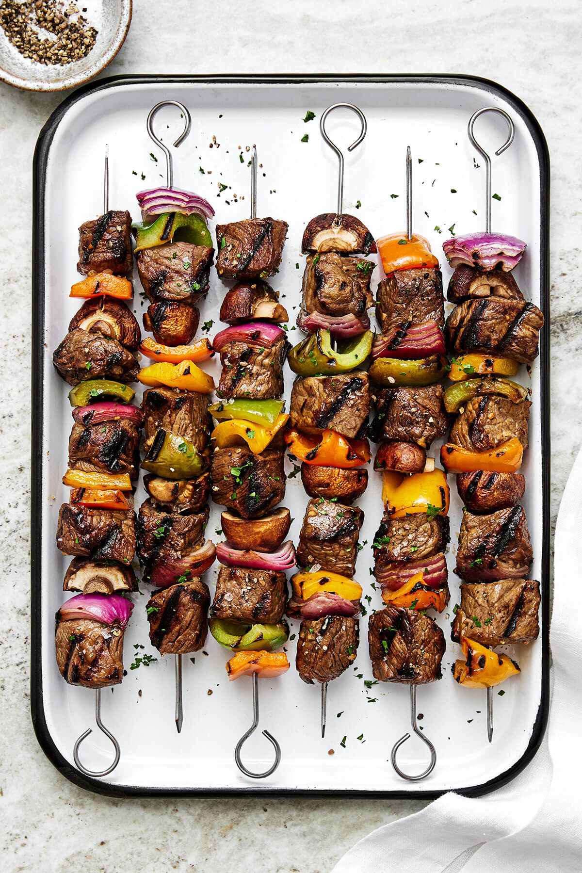 Beef shish kabobs on a tray