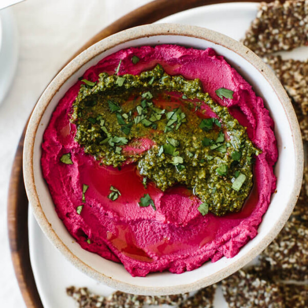 Beet hummus is made with oven roasted beets, chickpeas, tahini, olive oil, lemon juice and garlic. It's a vibrant and healthy snack or appetizer recipe.