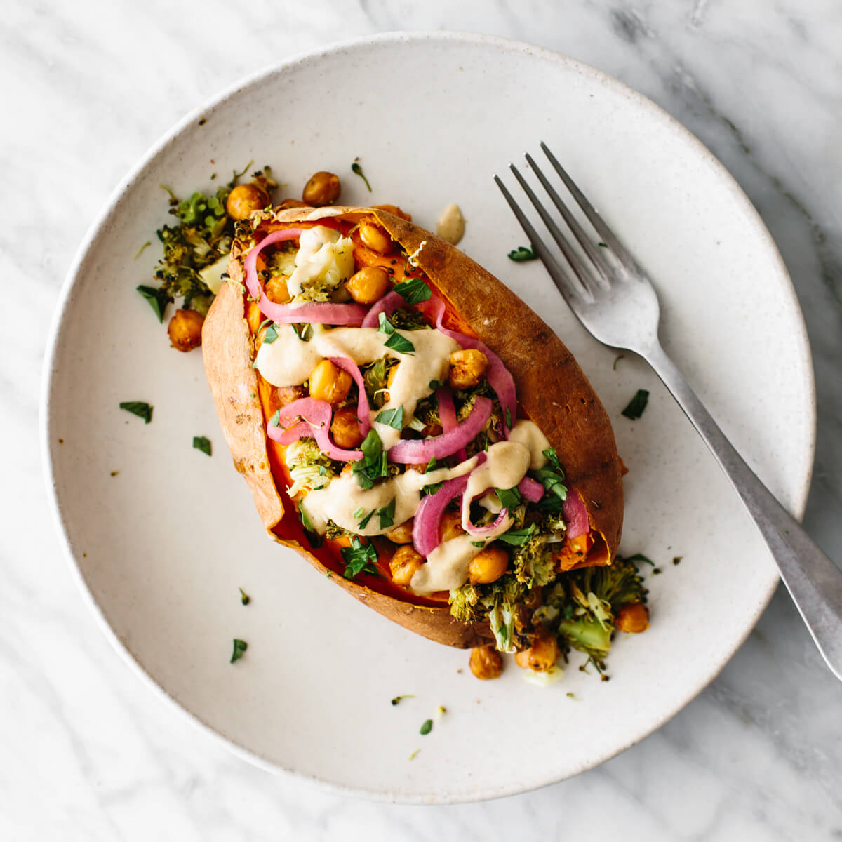 Chickpea stuffed sweet potato for budget meal prep