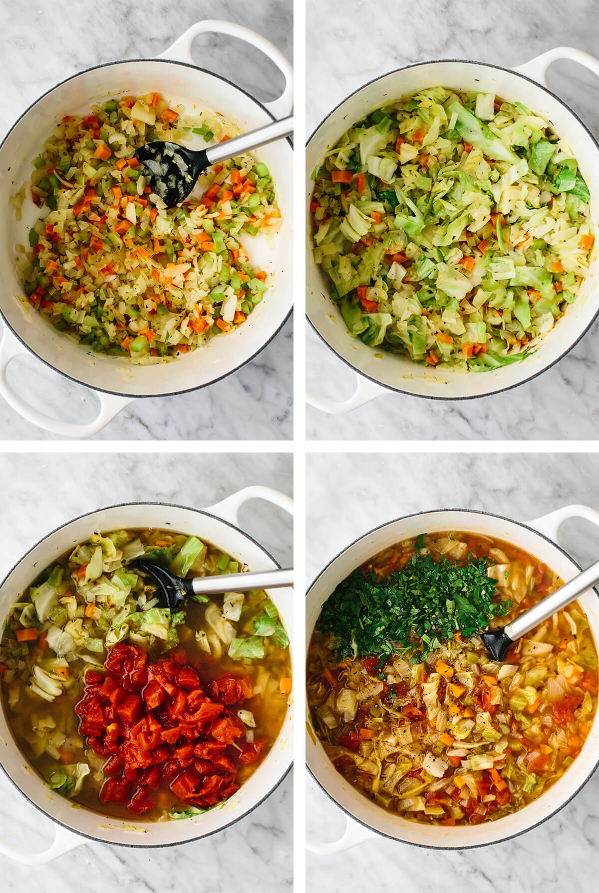 Mixing ingredients in a pot for cabbage soup.