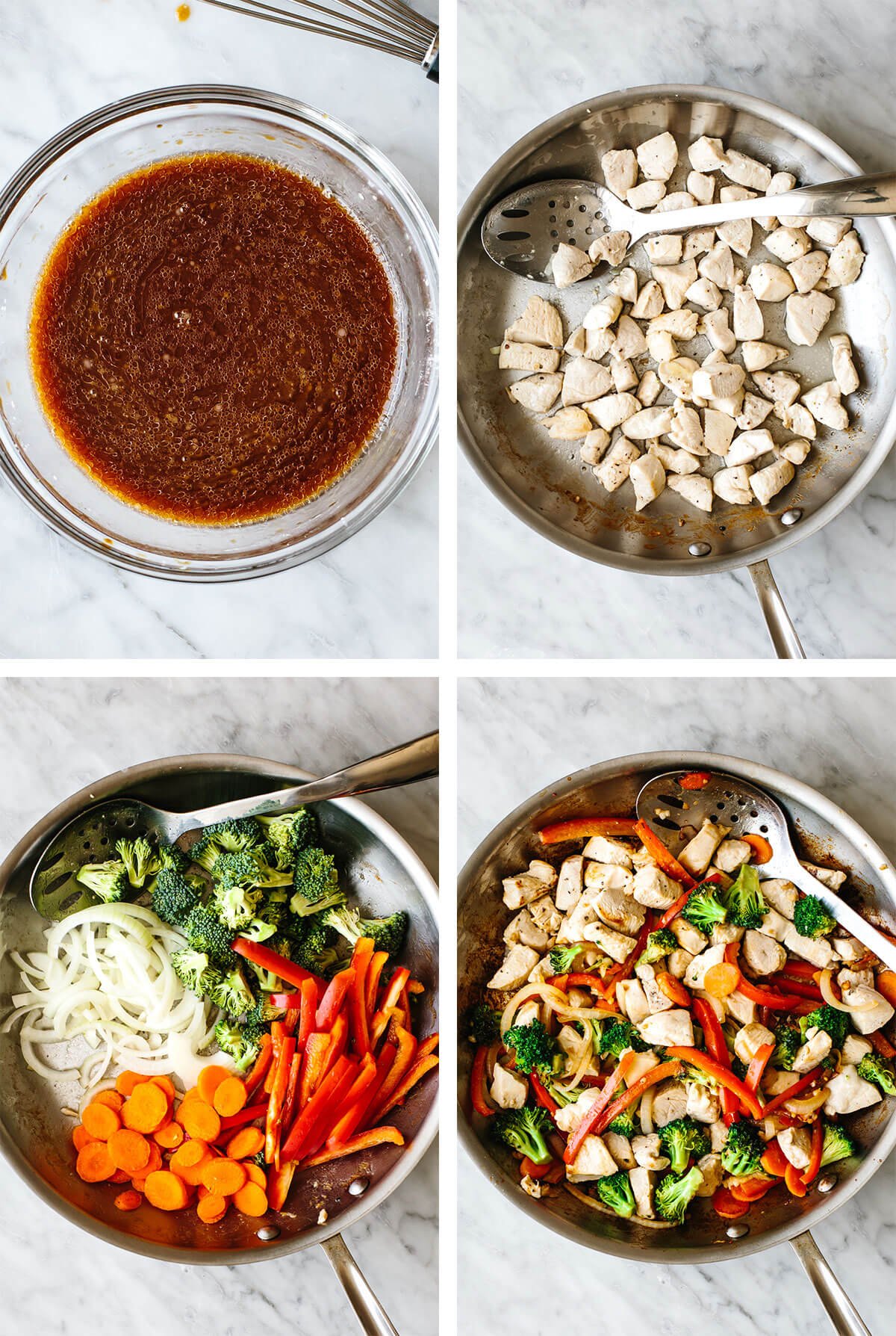 Sauteeing chicken and veggies in a pan for chicken stir-fry.