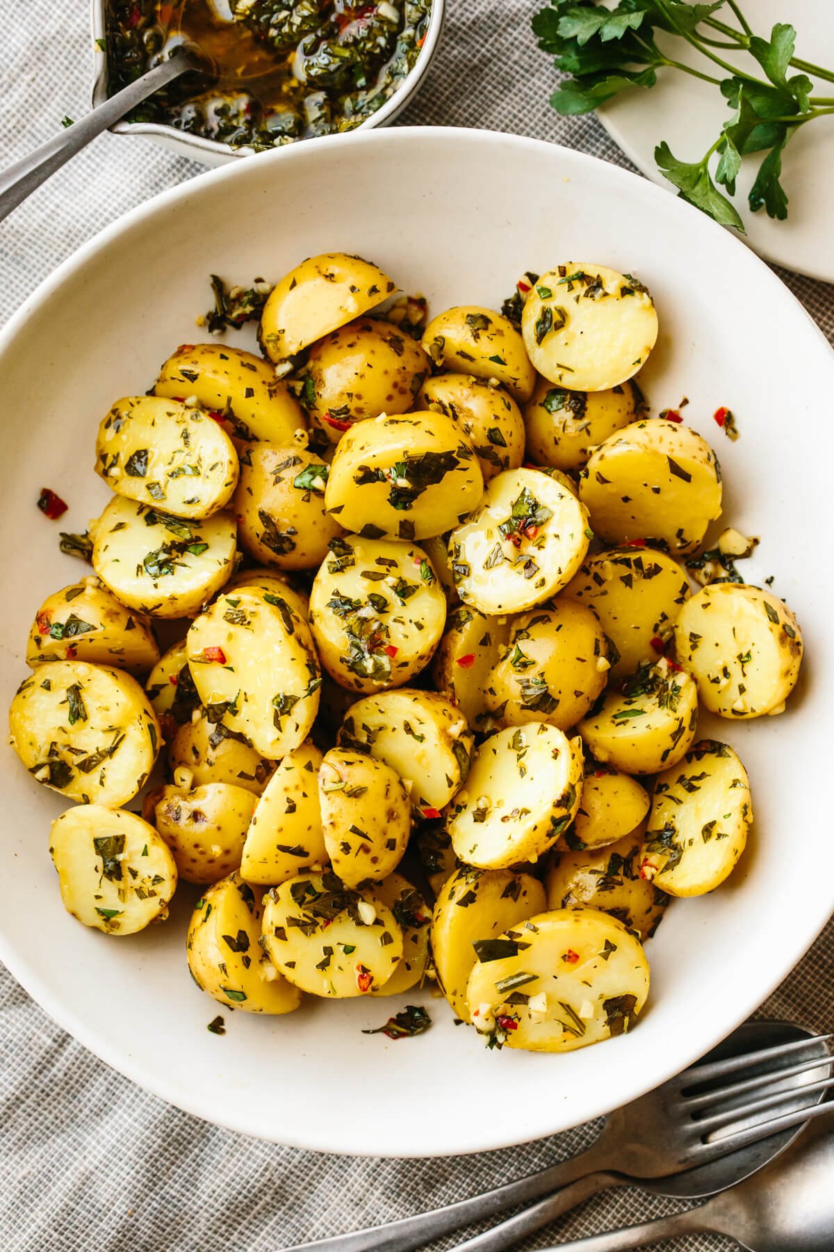 Chimichurri potato salad in a big bowl