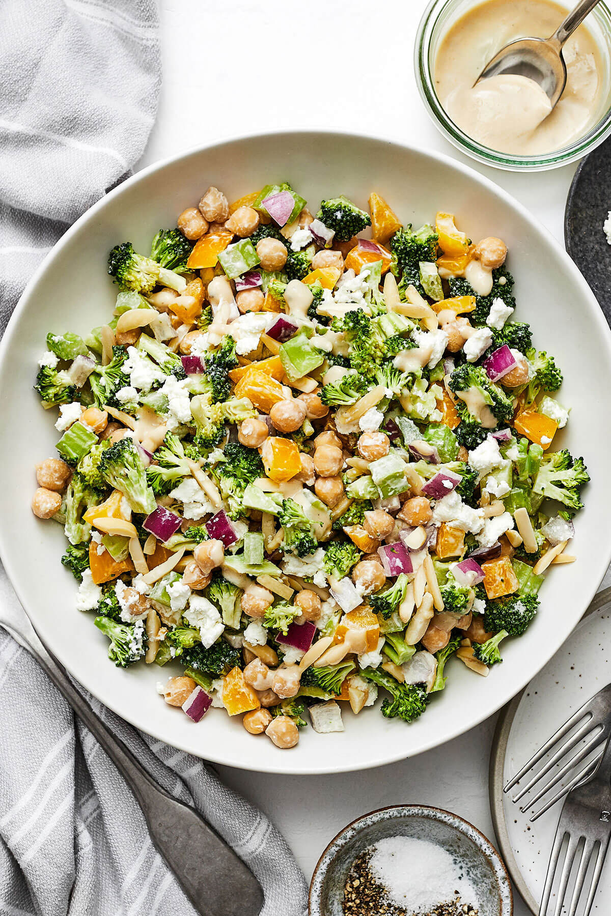 Chopped broccoli and chickpea salad in a large bowl