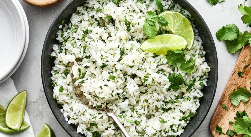 Cilantro lime rice with fresh limes.