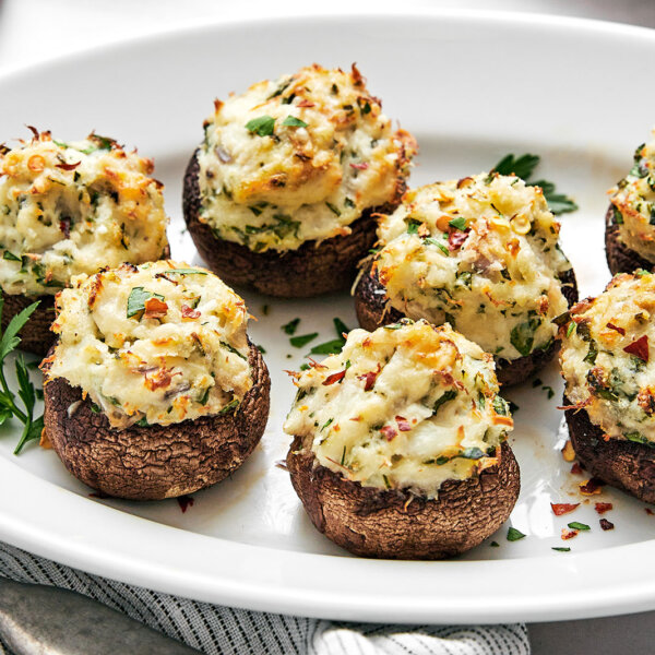 Crab stuffed mushrooms on a plate