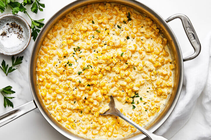 A pan of creamed corn.