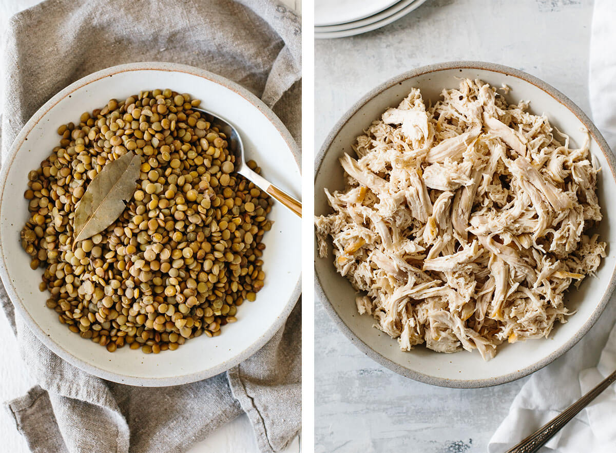 Lentils and shredded chicken for easy dinner ideas.