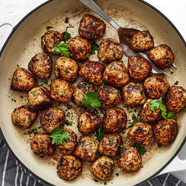 Pork meatballs in a white pan