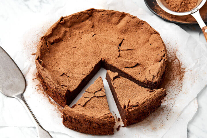 Sliced flourless chocolate cake.