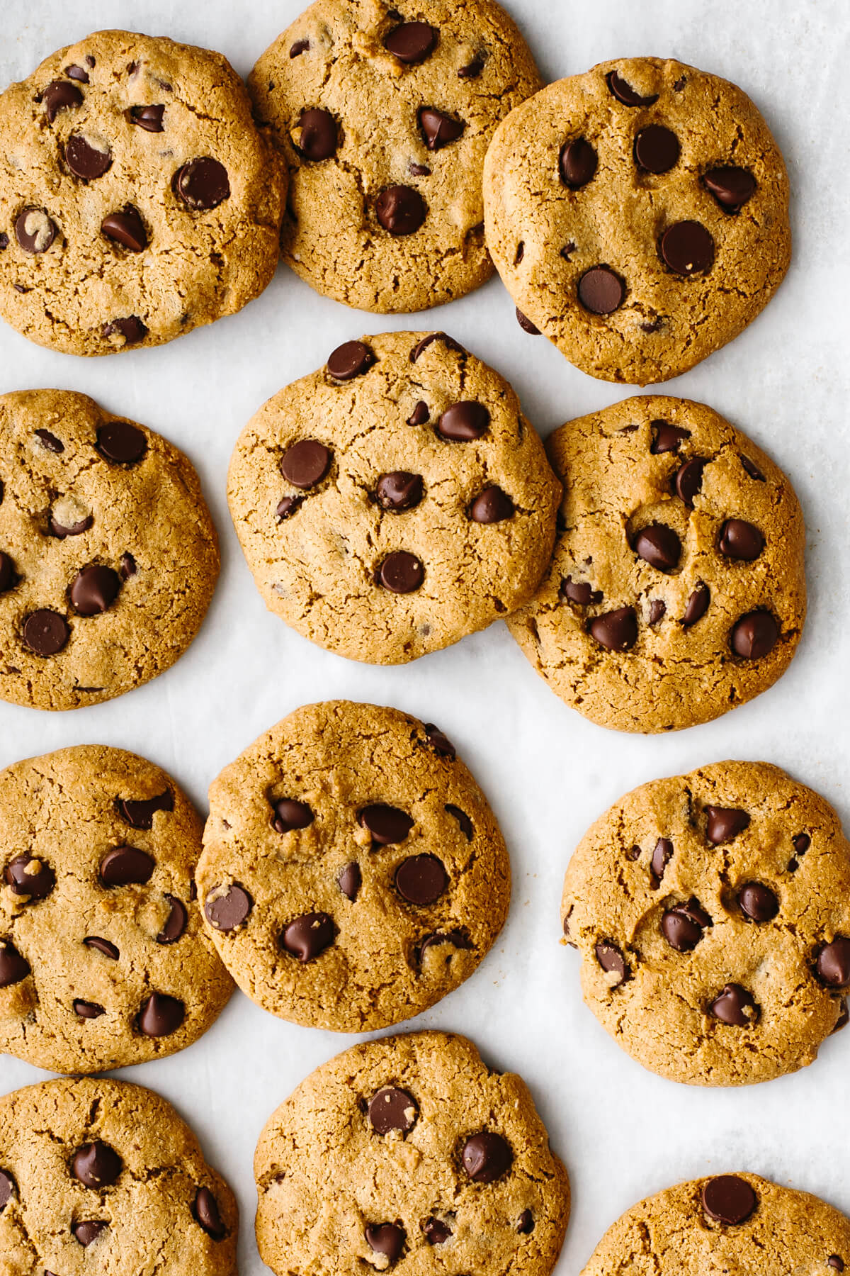 Gluten-free chocolate chip cookies spread out on a baking sheet.