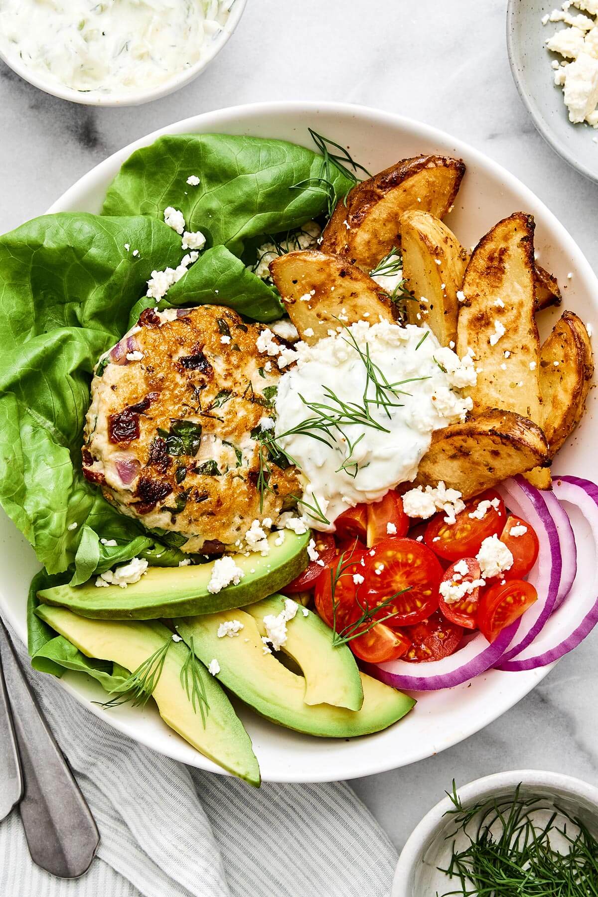 Greek chicken burger bowl.