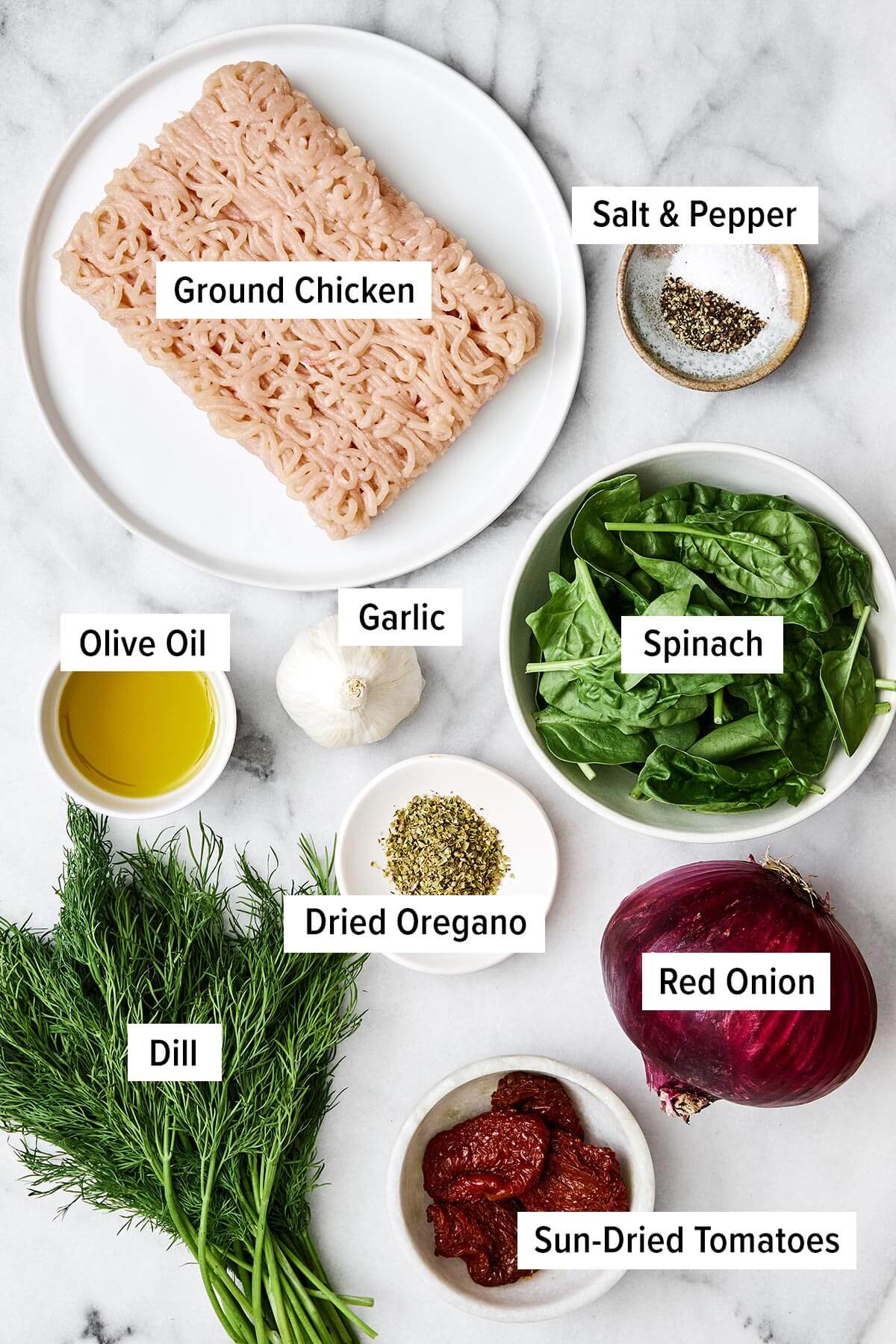 Ingredients for Greek chicken burgers.