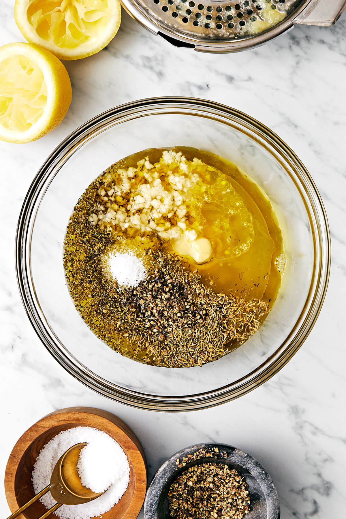 Greek lemon chicken marinade in a bowl