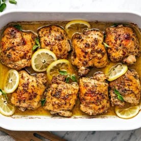 A baking dish with Greek lemon chicken