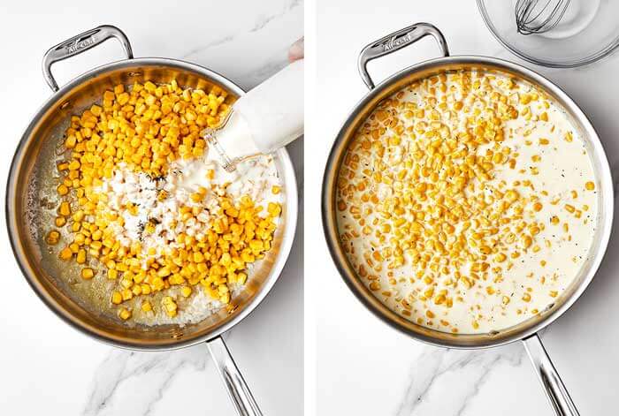 Making creamed corn in a pan.