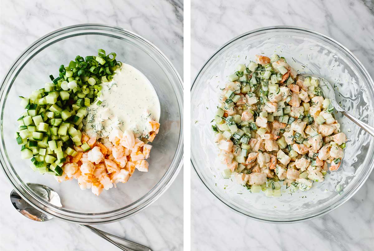 Mixing cucumber shrimp salad in a glass bowl