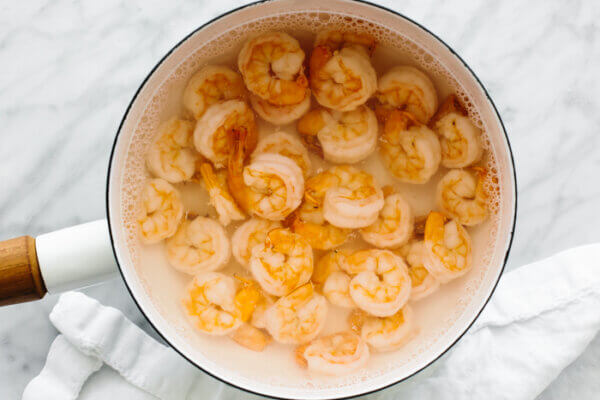 A pot of boiled shrimp for cucumber shrimp salad