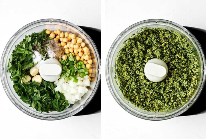 Blending falafel ingredients in a food processor.