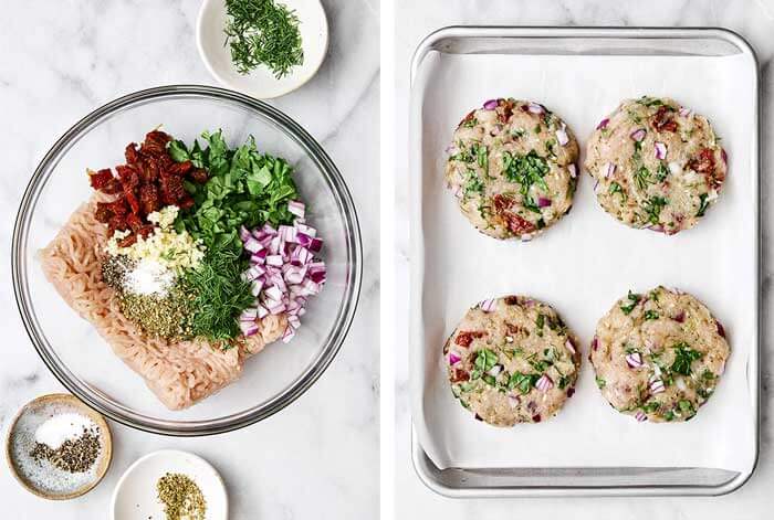 Mixing Greek chicken burger patties.