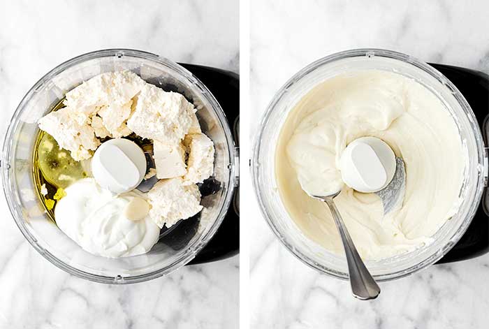 Making whipped feta in food processor.