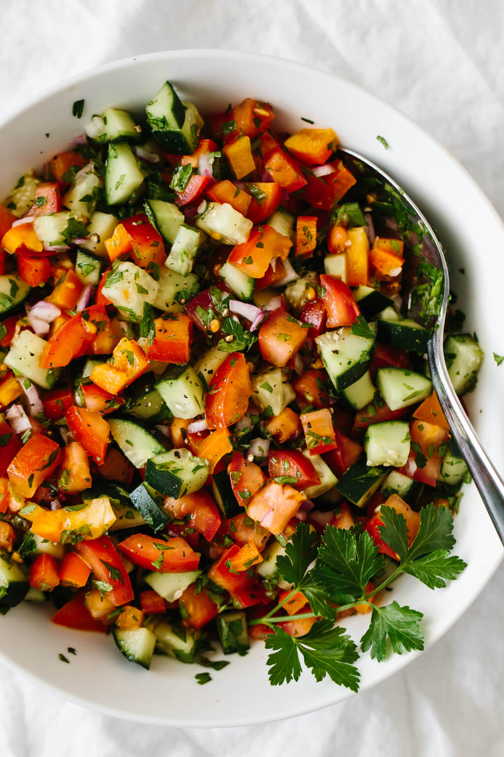 Israeli salad made from tomatoes, cucumber, bell pepper, red onion and herbs in a white bowl.