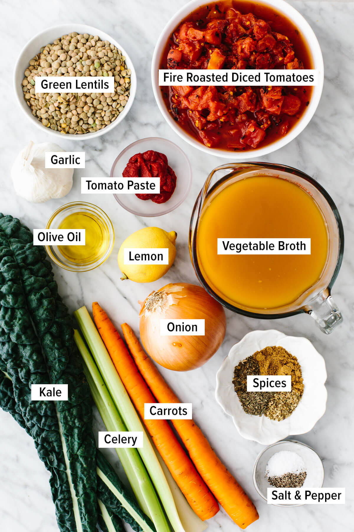 Ingredients for a lentil soup on a table.