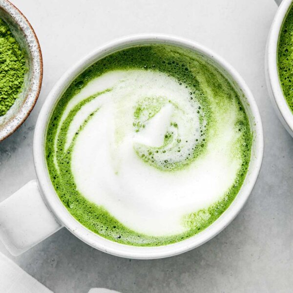 Matcha latte in a mug.