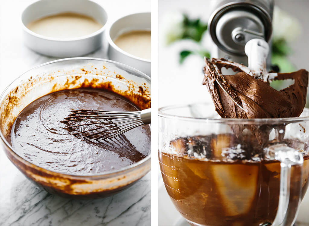 Making the chocolate cake batter and buttercream frosting.