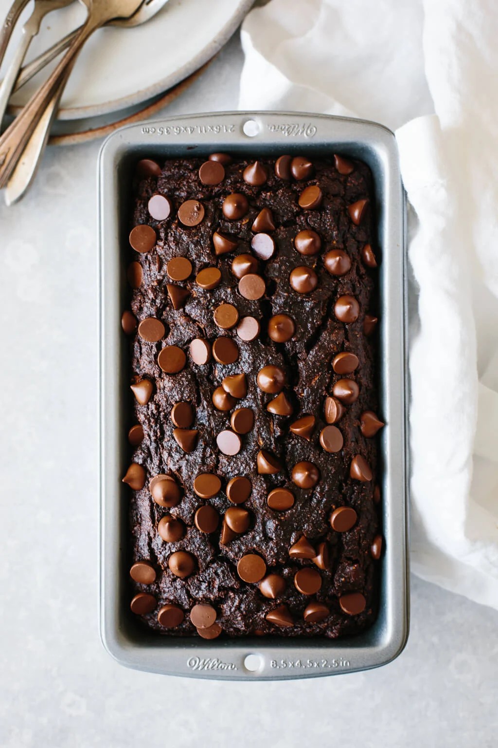 Chocolate zucchini bread in baking pan.