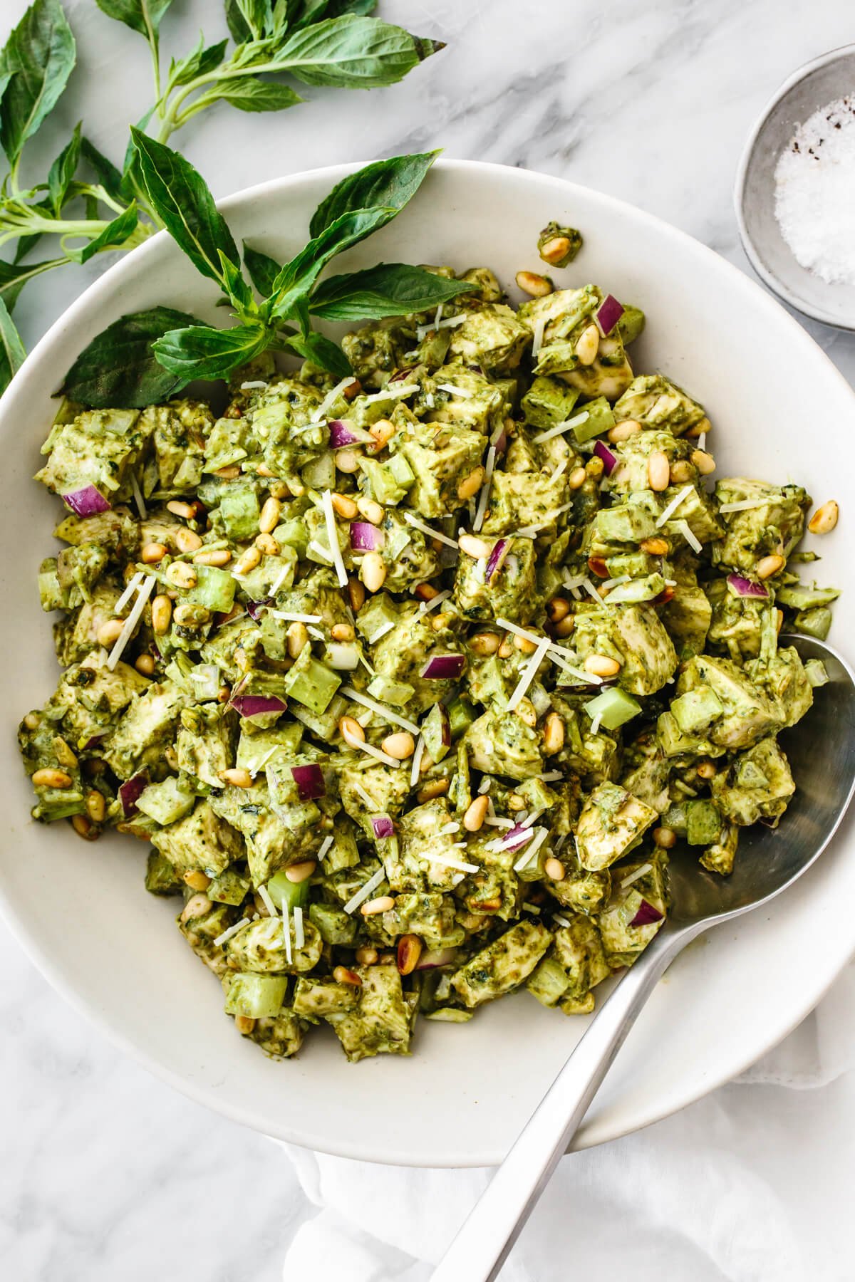 Pesto chicken salad in a bowl