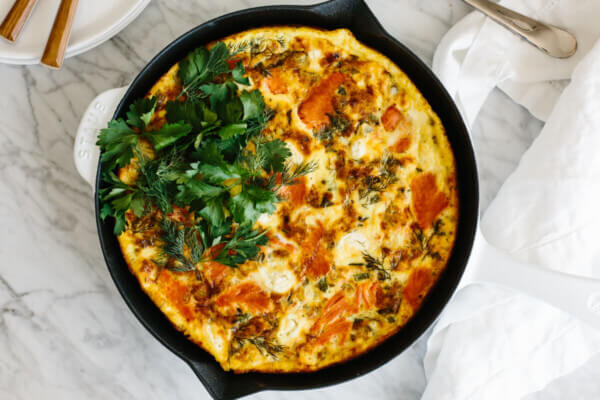 Smoked salmon frittata recipe in a pan.