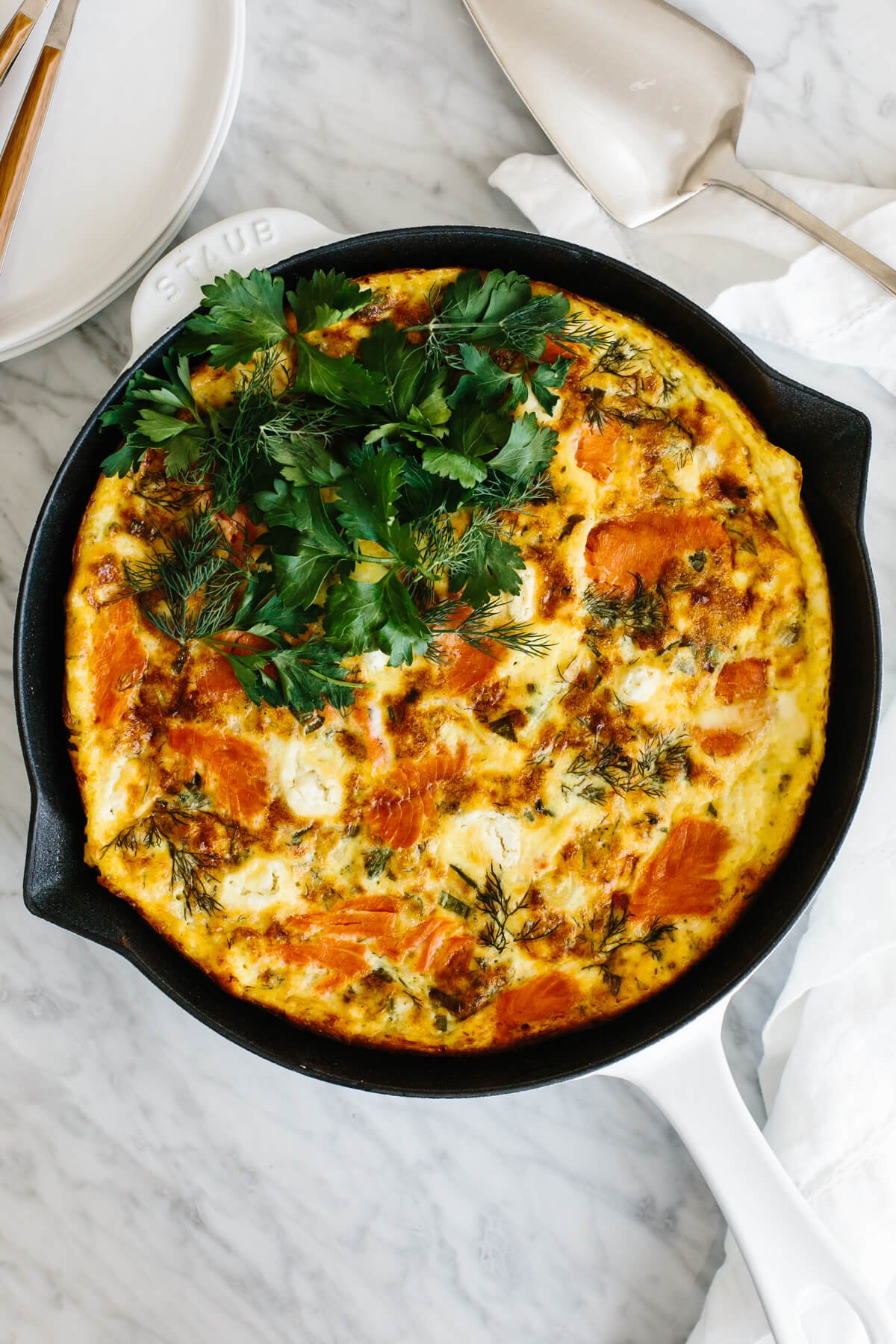 Smoked salmon frittata recipe in a pan.