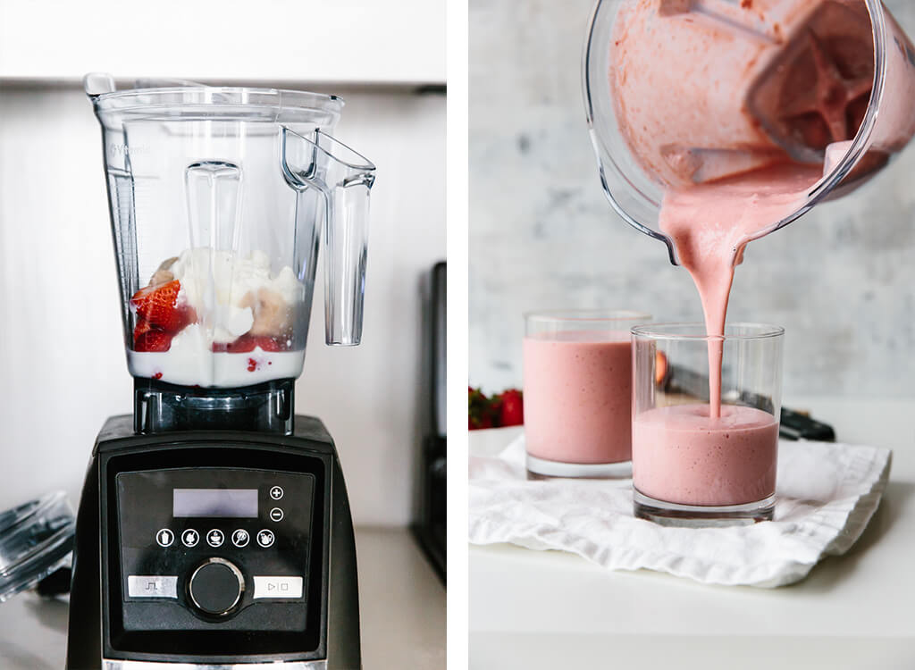 Strawberry banana smoothie being made in Vitamix blender and poured into glasses.