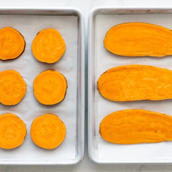 Sweet potato toast on a baking sheet.