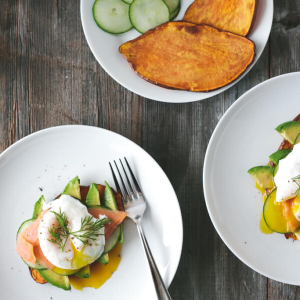 (gluten-free, paleo) Sweet Potato Toast with Avocado, Cucumber, Smoked Salmon and Poached Egg