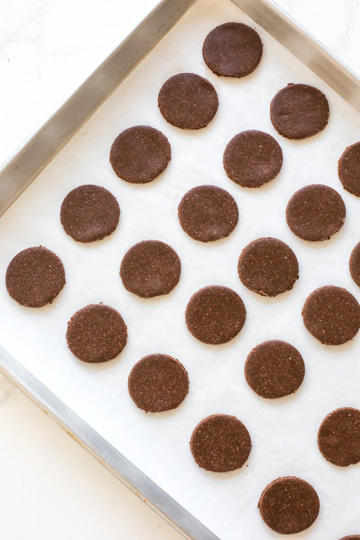 A baking sheet of thin mint cookies.