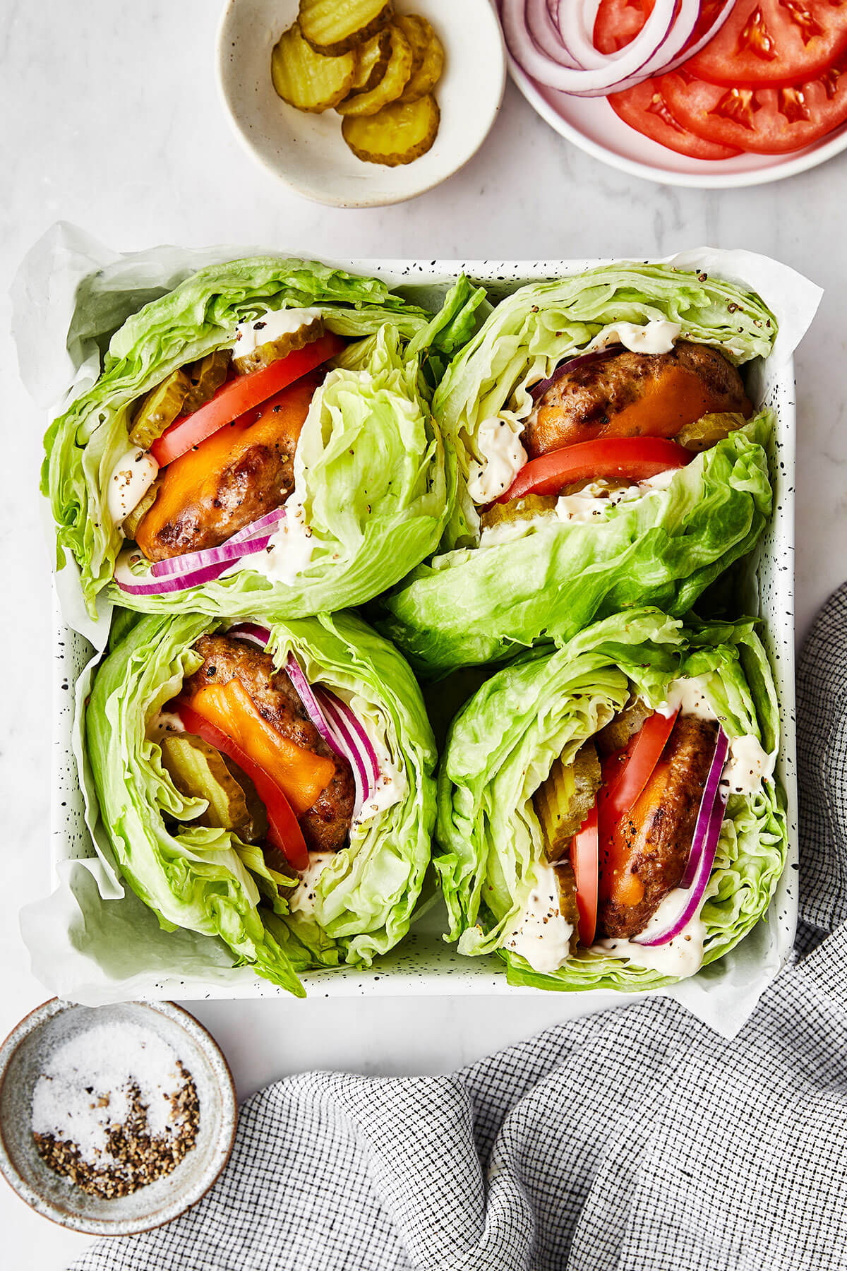 Turkey burger lettuce wraps in a casserole dish