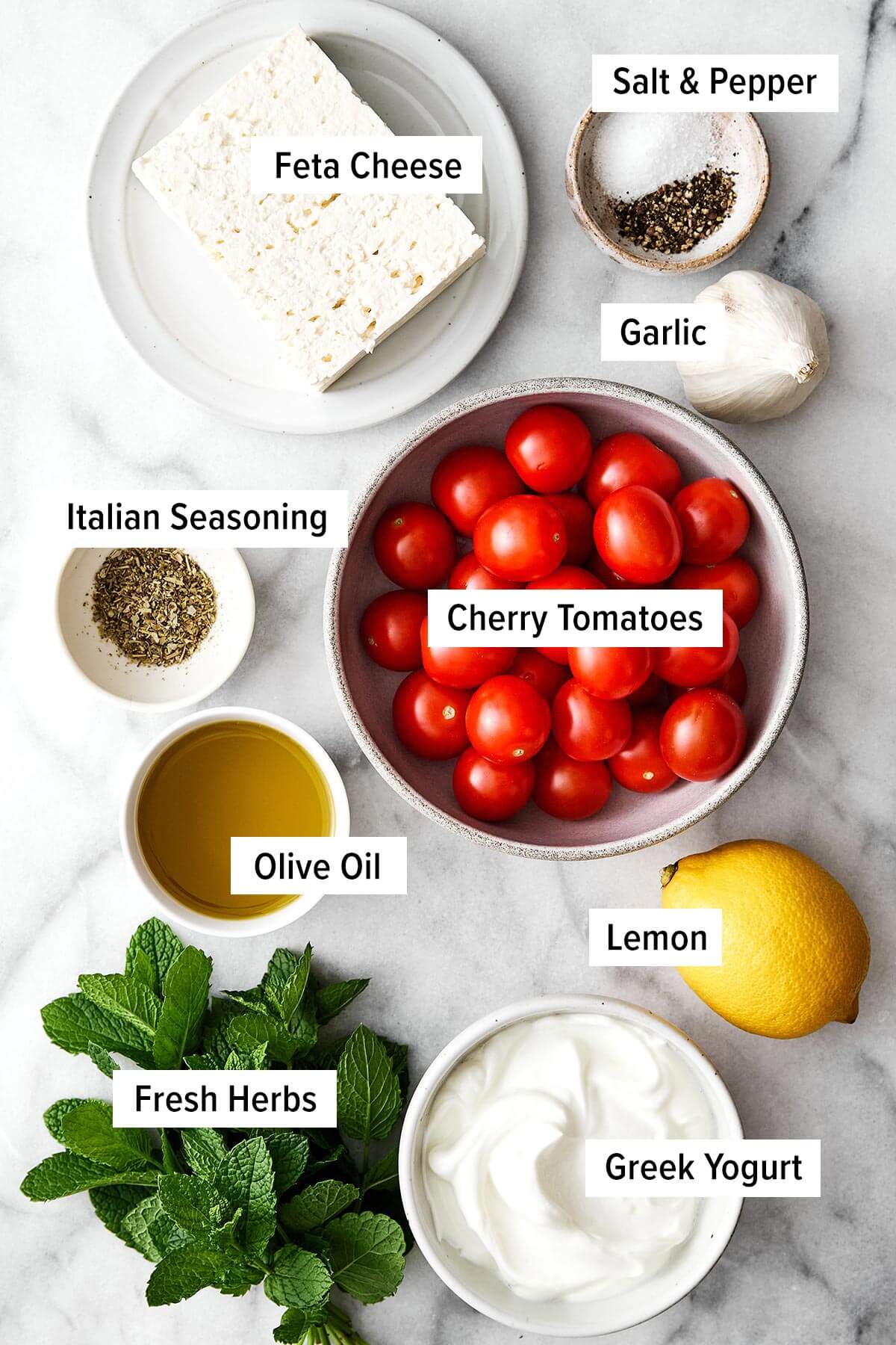 Ingredients for whipped feta and roasted tomatoes.