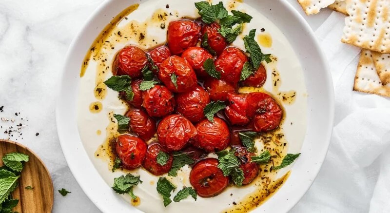 Roasted tomatoes with whipped feta.