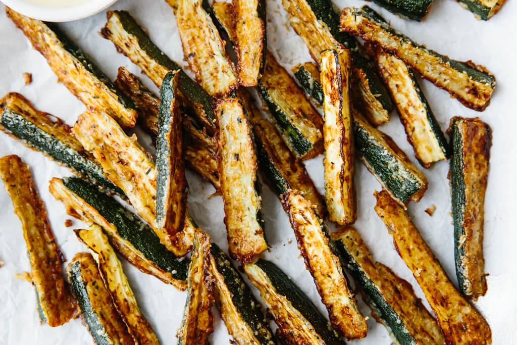 Platter of baked zucchini fries. 