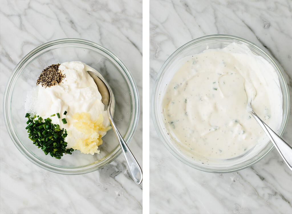 Making the garlic chive yogurt sauce in a small bowl.