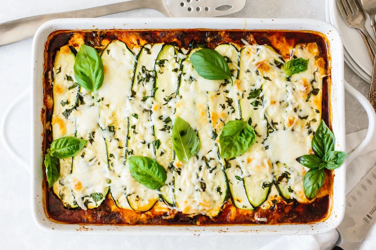 A casserole dish of zucchini lasagna