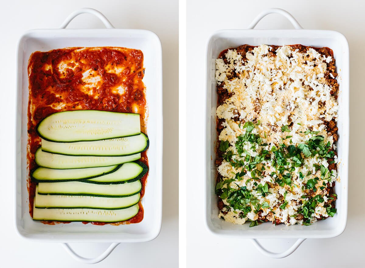 Layering zucchini lasagna in a casserole dish